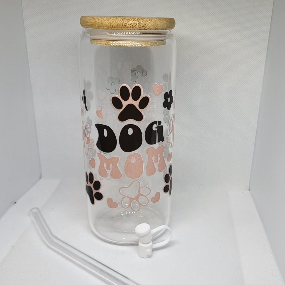 16 - 20oz Dog Mom Glass Tumbler with Straw & Topper